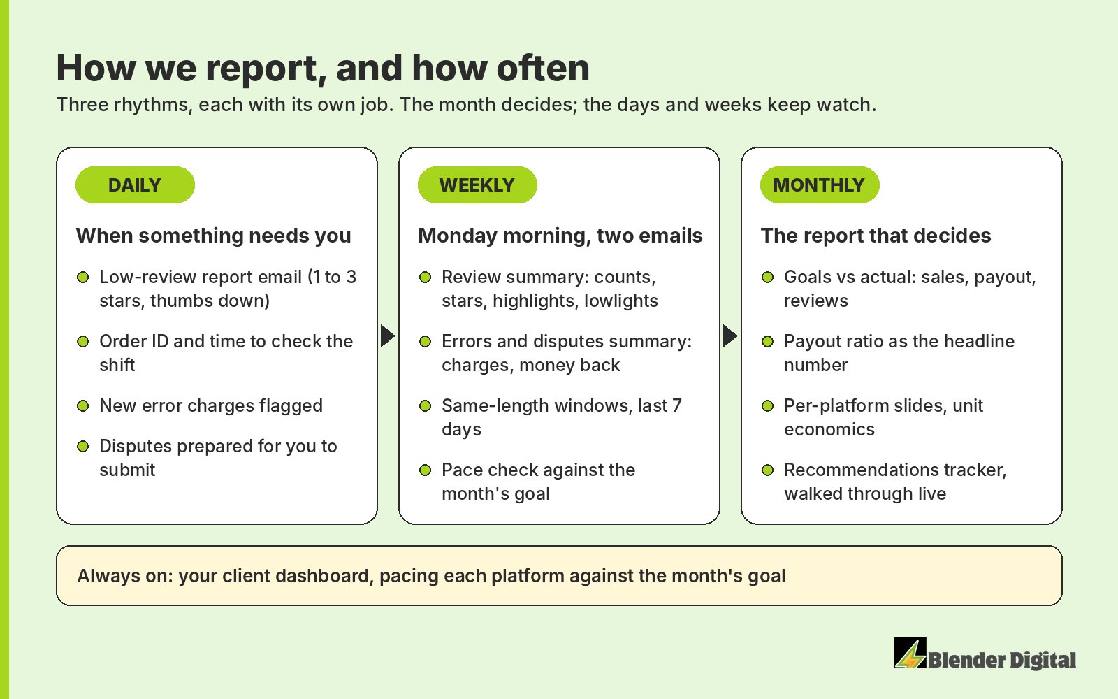 Blender Digital reporting cadence: daily low-review and error-charge emails, two Monday summaries for reviews and for errors and disputes, and a monthly report on goals, payout ratio and recommendations, with an always-on client dashboard